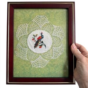 Framed Vintage Peacock Embroidery Art